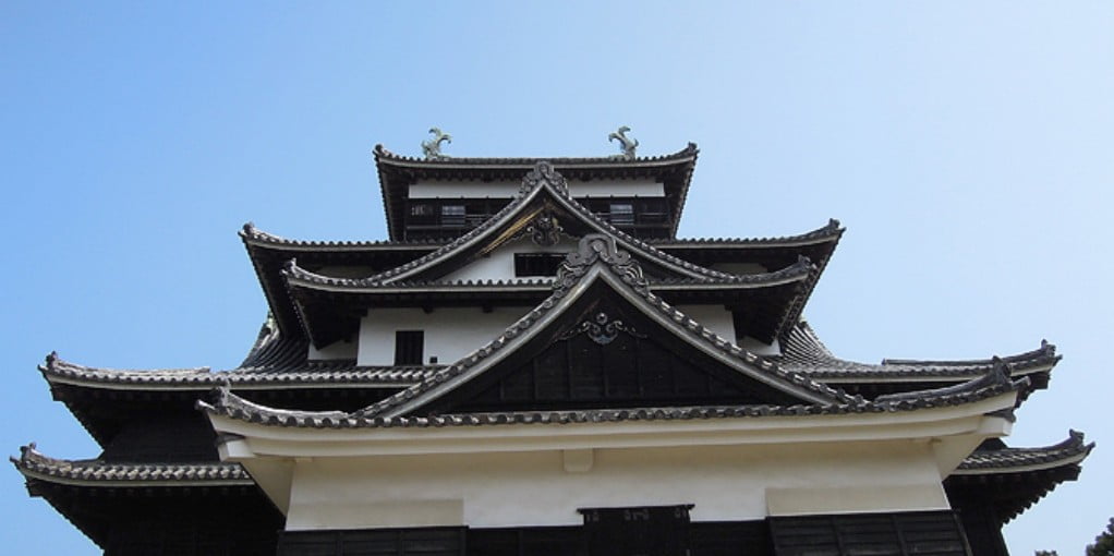 松江城の別名・「千鳥城（ちどりじょう）」の由来は、屋根の形が横からみると、千鳥が飛んで舞うような、美しい優雅な姿